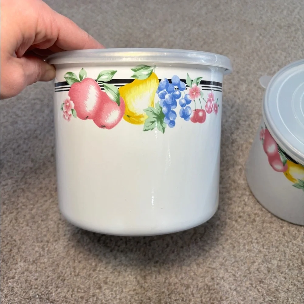 Vintage GMI Enamel Fruit and Floral White Storage Canisters with Lids Storage